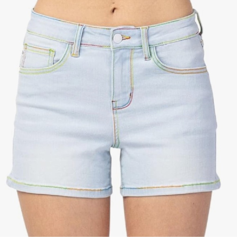 Judy Blue Light Blue Jean Shorts with Rainbow Stitching